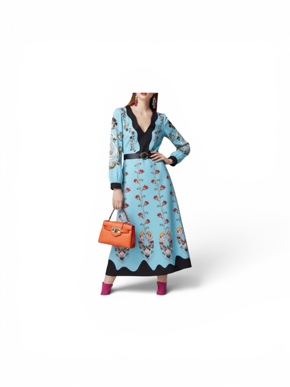BYMANYC Swan Floral Midi Dress Belted Cottagecore NWT Medium Blue